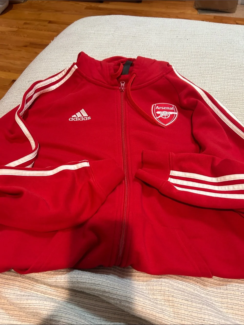 adidas Men’s Red Arsenal Full-Zip Hoodie with White Stripes